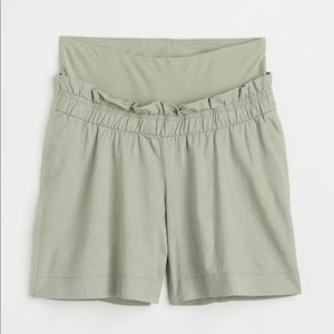 H&M MAMA Linen-Blend Shorts, Light Khaki Green, Maternity Size M